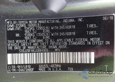 2018 Toyota Highlander Xle z USA, uszkodzony, nr VIN 5TDJZRFH8JS884909